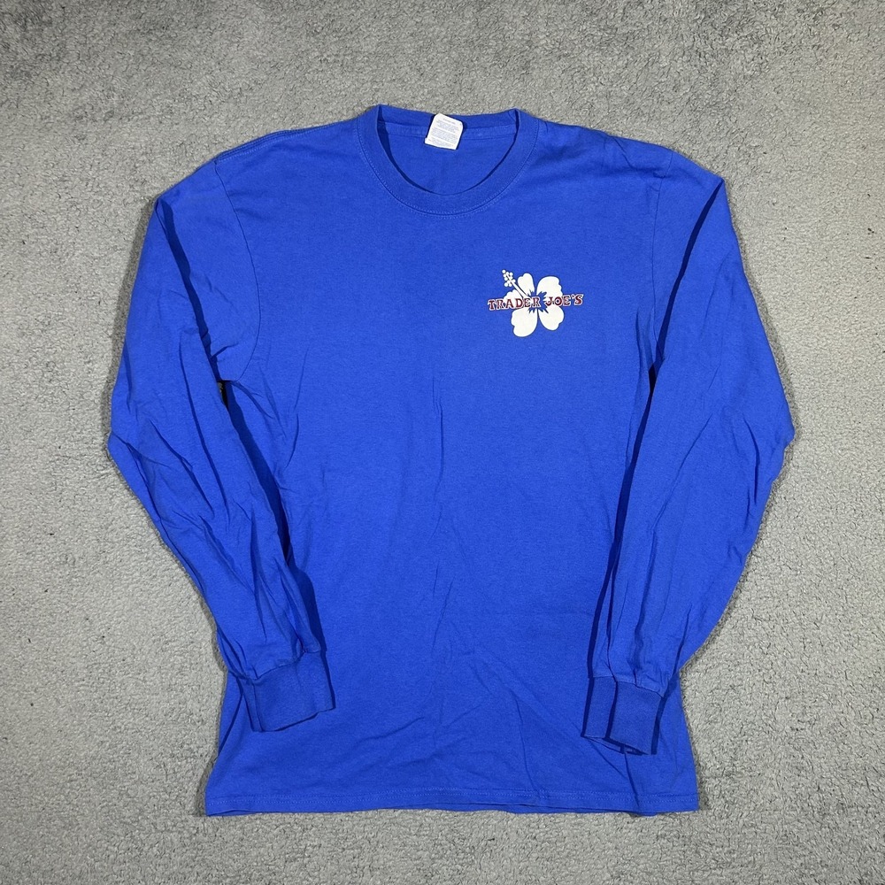 Trader Joe's Employee Worker MEN Medium Blue Hibiscus Flower Long Sleeves #2224